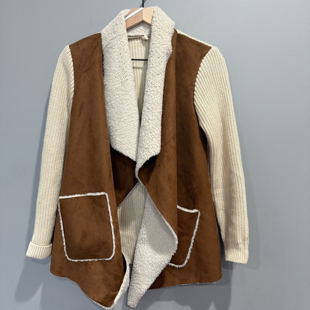 Anthropologie Moth Sherpa Moto Faux Suede Open Front Vest Cardigan Sz XS